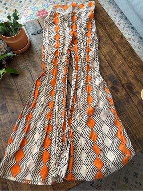 Sz Med Pahiesa Formentera Orange & Cream Geometric Wide Leg Flare Stretch Pants
